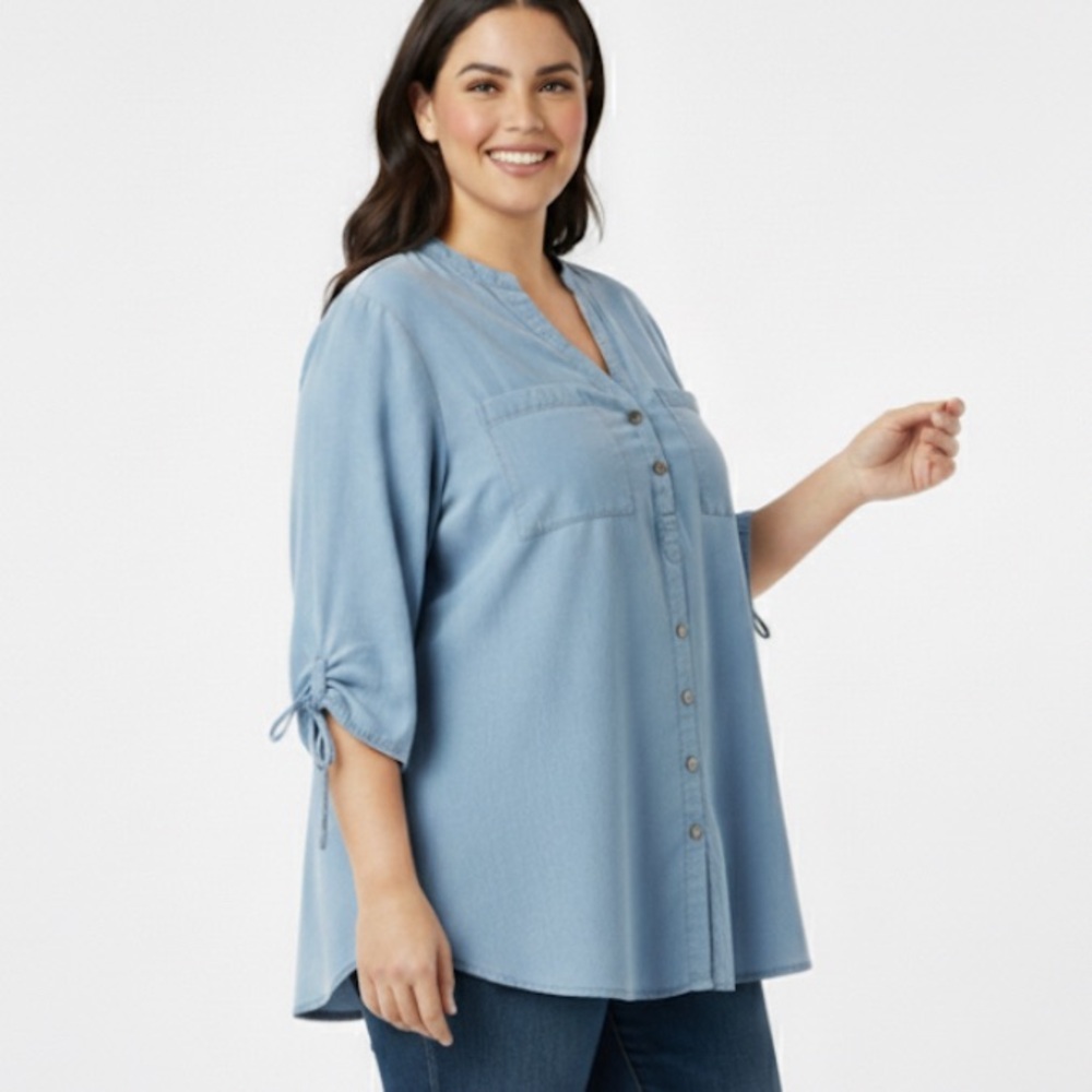 CLUB Z COLLECTION Tencel Cotton Chambray Blouse 3X Plus Coastal Cottagecore Chic